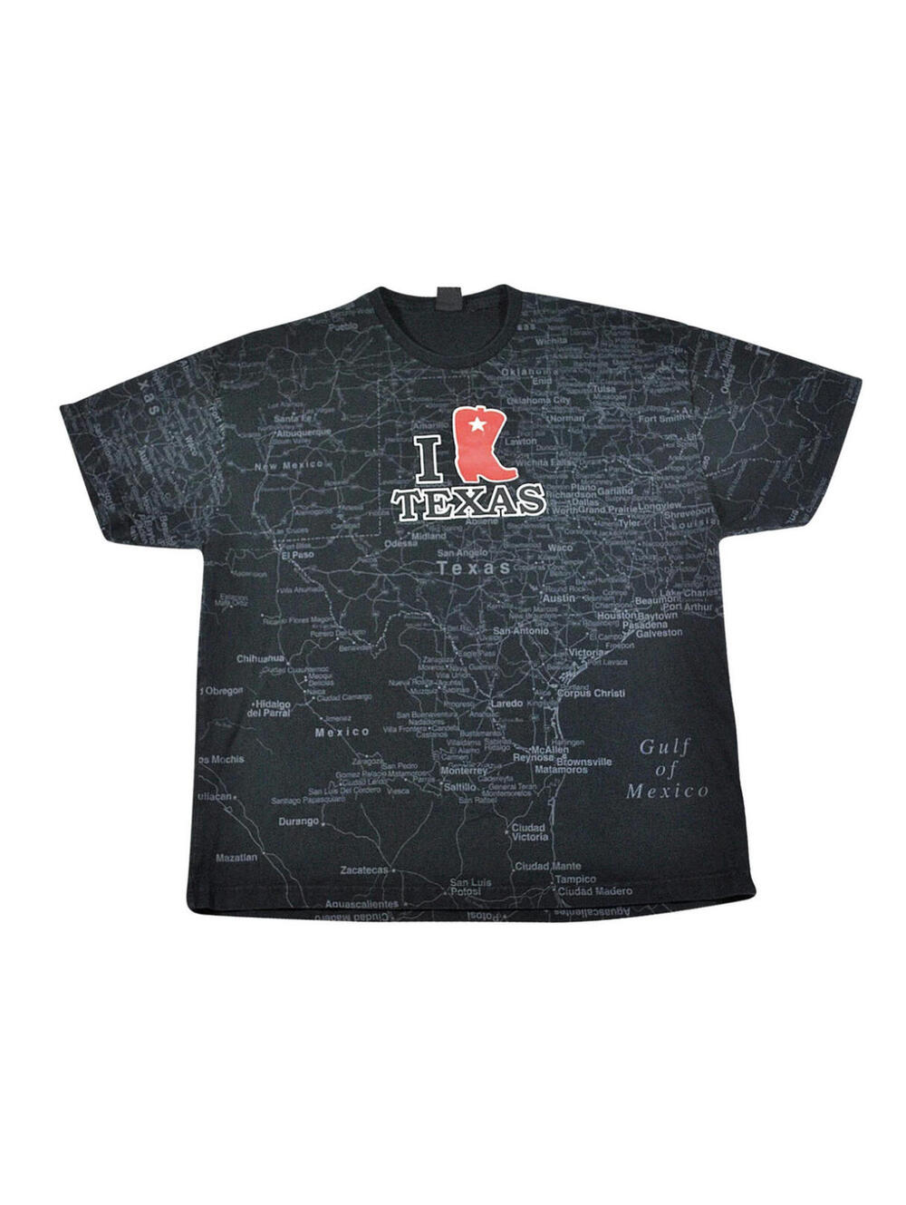 Vintage Texas Map Cowboy Boots State All Over Print Black Shirt Size X-Large
